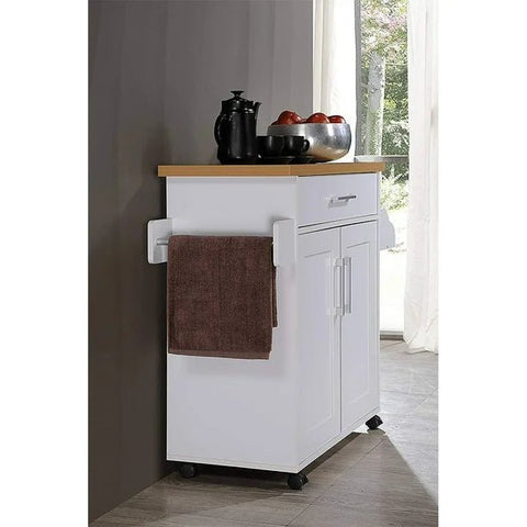 Wheeled White Kitchen Island Cart with Storage, Drawer & Spice Rack – SKU JWKT20042303 - with | Sold by Uncle Wiener's Wholesale