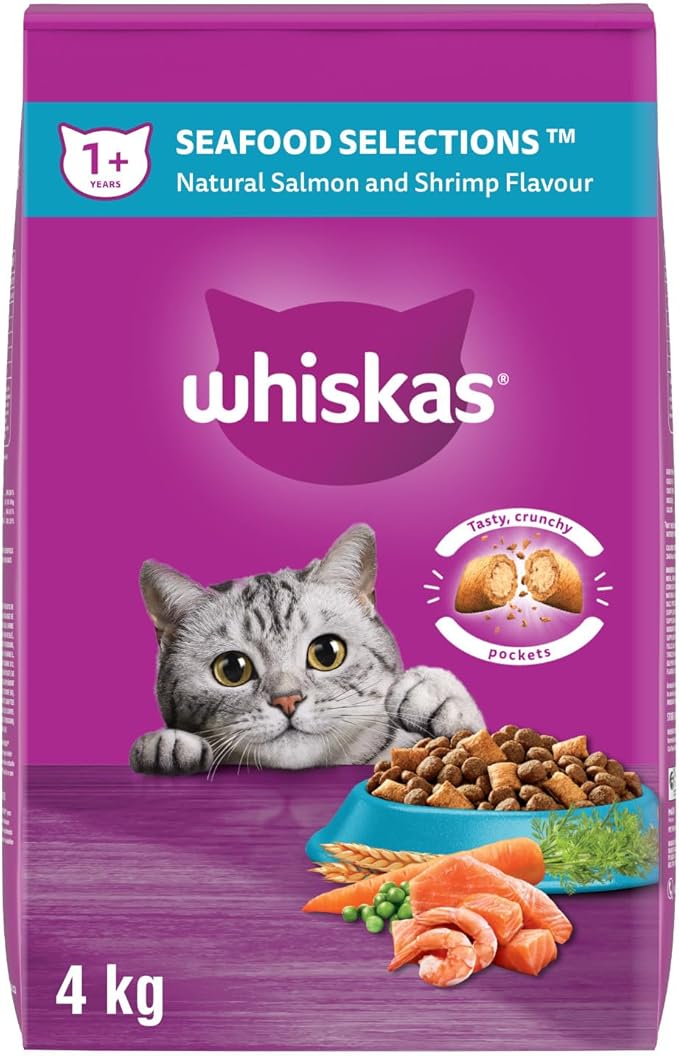 WHISKAS Assorted Selections Adult Dry Cat Food with Real meat – Assorted kg Bag - Pet products with WHISKAS Adult Dry Cat Food Seafood SELECTIONS with Real Salmon 4 kg | Sold by Uncle Wiener's Wholesale