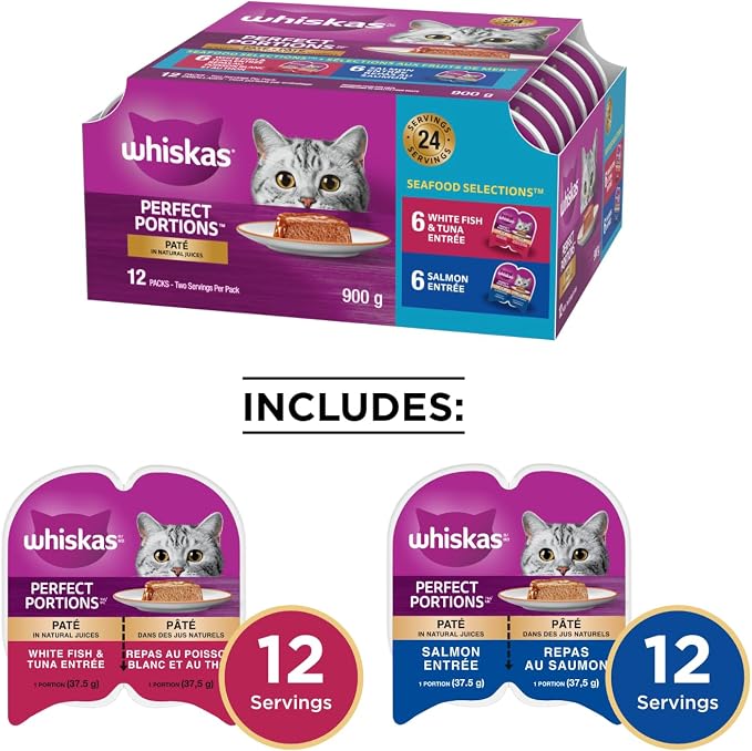 WHISKAS Perfect Portions Wet Cat Food Seafood Selections – 12-Pack 75g Twin-Pack Pâté, Whitefish & Tuna + Salmon, 900g Total - Pet products with | Sold by Uncle Wiener's Wholesale