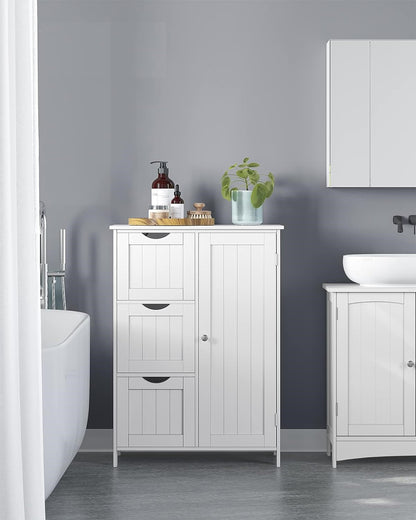 white bathroom cabinet with drawers and shelf
modern floor cabinet in white MDF
slim bathroom storage furniture
bathroom organizer with 3 drawers and adjustable shelf
compact cabinet for toiletries and towels