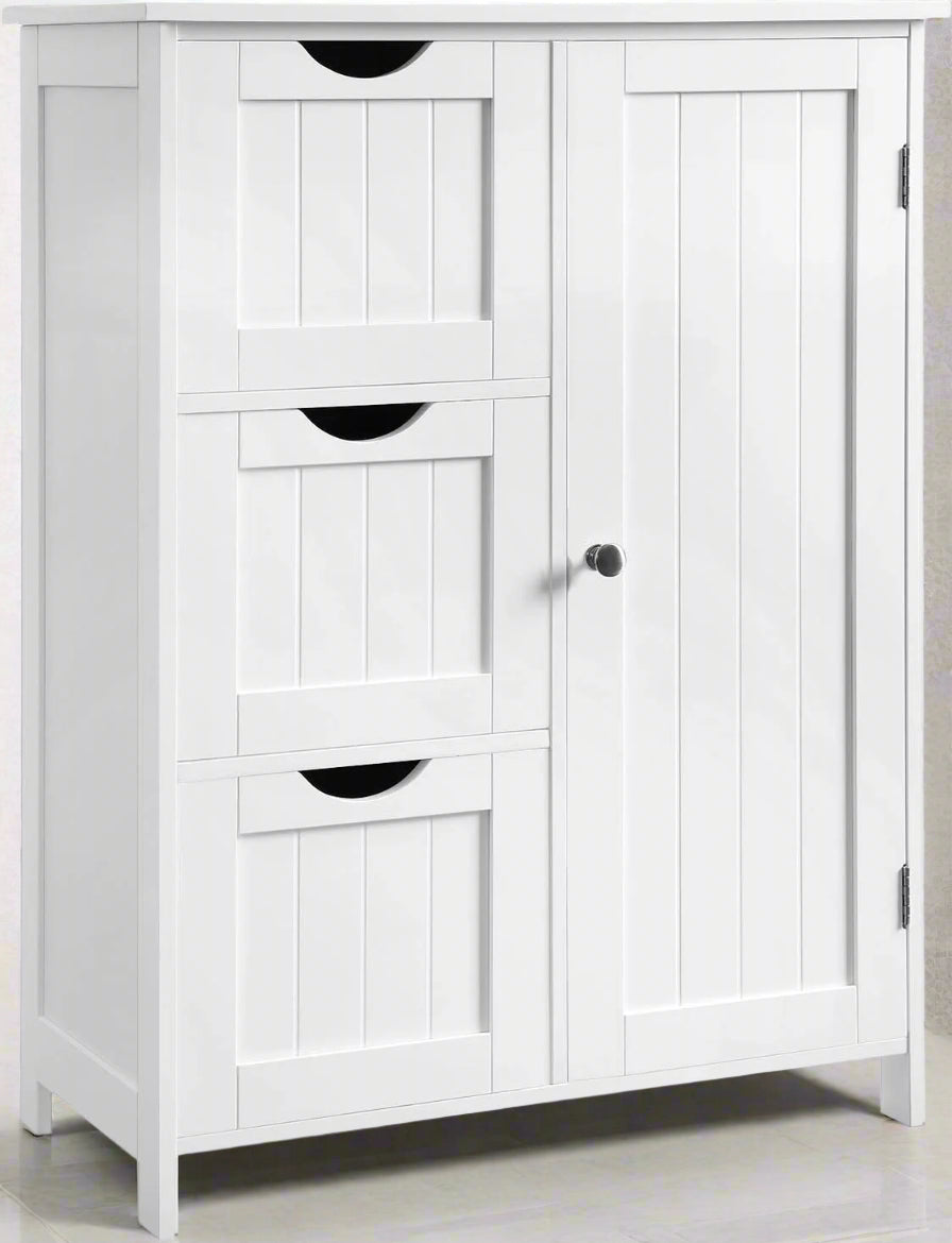 white bathroom cabinet with drawers and shelf
modern floor cabinet in white MDF
slim bathroom storage furniture
bathroom organizer with 3 drawers and adjustable shelf
compact cabinet for toiletries and towels