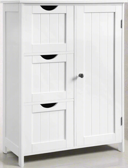 white bathroom cabinet with drawers and shelf
modern floor cabinet in white MDF
slim bathroom storage furniture
bathroom organizer with 3 drawers and adjustable shelf
compact cabinet for toiletries and towels