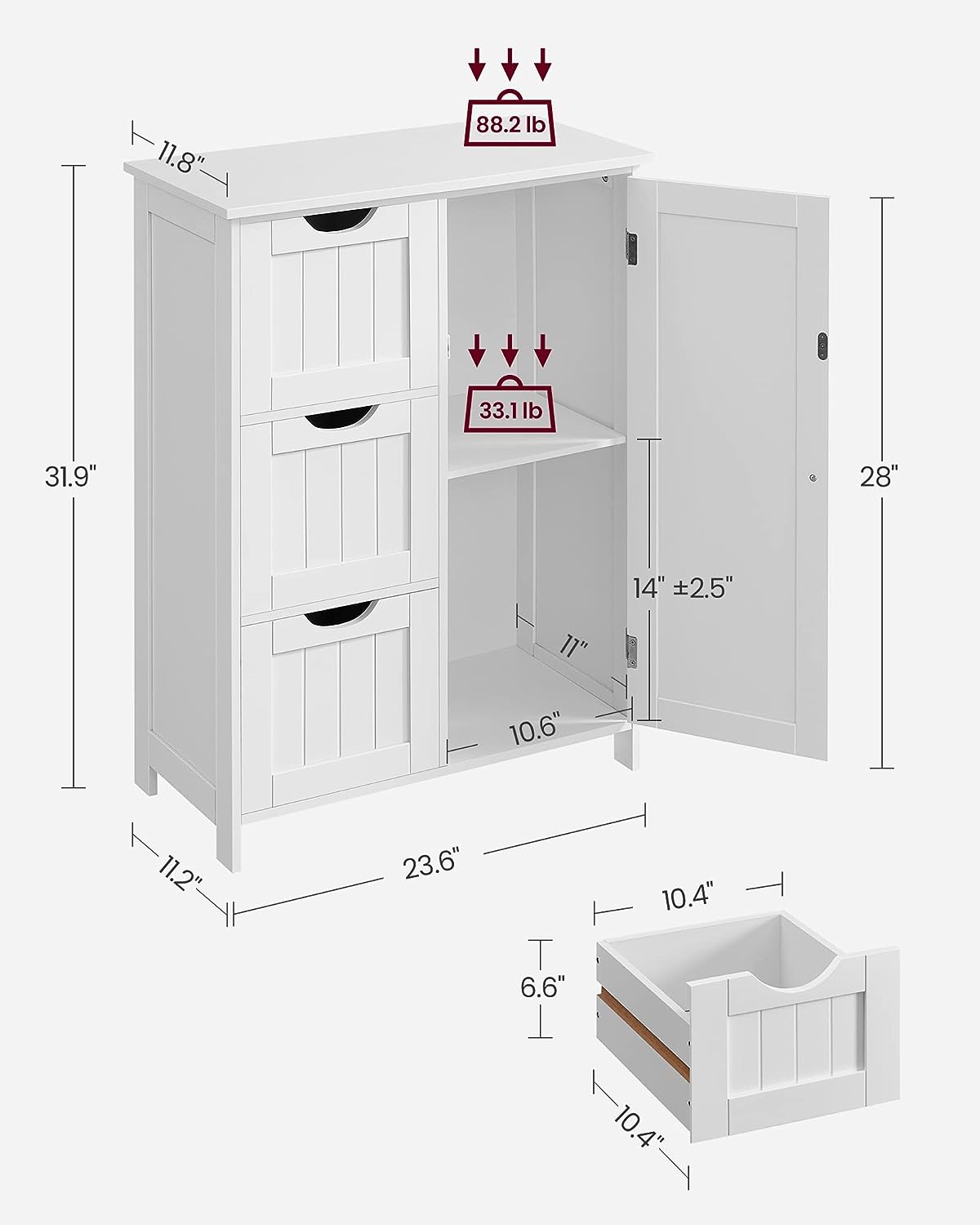 white bathroom cabinet with drawers and shelf
modern floor cabinet in white MDF
slim bathroom storage furniture
bathroom organizer with 3 drawers and adjustable shelf
compact cabinet for toiletries and towels