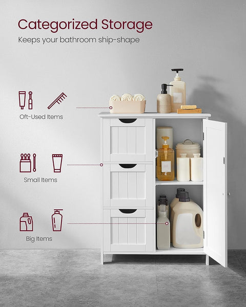 white bathroom cabinet with drawers and shelf
modern floor cabinet in white MDF
slim bathroom storage furniture
bathroom organizer with 3 drawers and adjustable shelf
compact cabinet for toiletries and towels