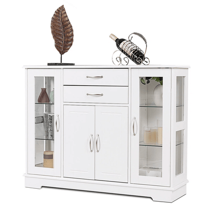 White Buffet Sideboard Cabinet with Glass Doors, Drawers &amp; Display Shelves KI004W - with | Sold by Uncle Wiener's Wholesale
