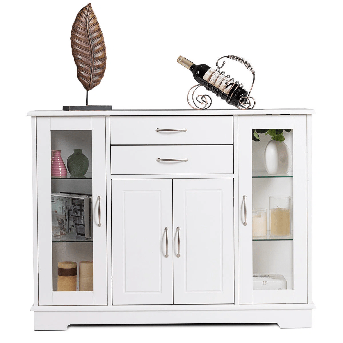 White Buffet Sideboard Cabinet with Glass Doors, Drawers &amp; Display Shelves KI004W - with | Sold by Uncle Wiener's Wholesale