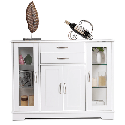 White Buffet Sideboard Cabinet with Glass Doors, Drawers &amp; Display Shelves KI004W - with | Sold by Uncle Wiener's Wholesale