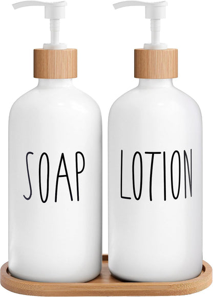 White Glass Soap Dispenser Set for Kitchen & Bathroom, Farmhouse Hand, Dish, Soap & Lotion Pump Bottles - with White Glass Soap & Lotion Dispenser Set | Sold by Uncle Wiener's Wholesale