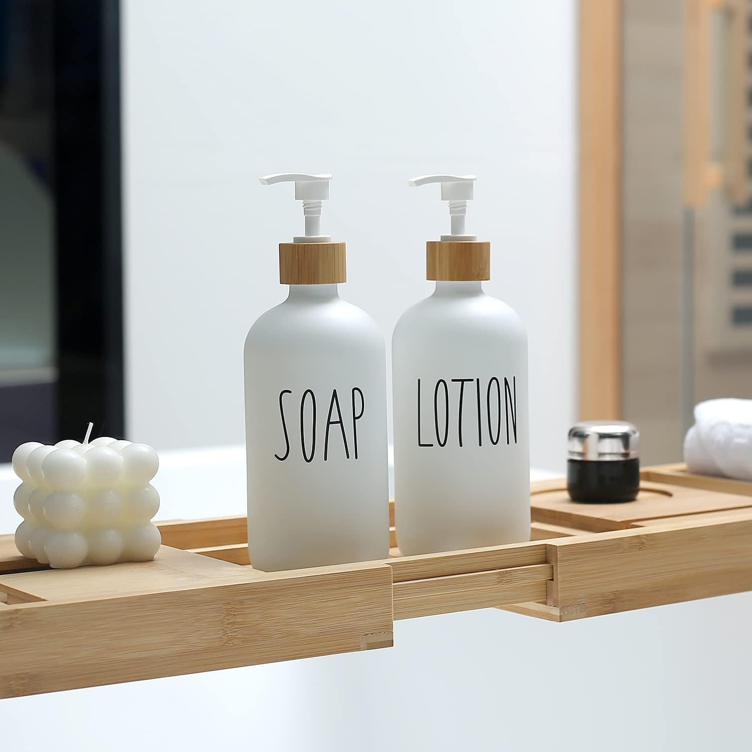 White Glass Soap Dispenser Set for Kitchen & Bathroom, Farmhouse Hand, Dish, Soap & Lotion Pump Bottles - with White Glass Soap & Lotion Dispenser Set | Sold by Uncle Wiener's Wholesale