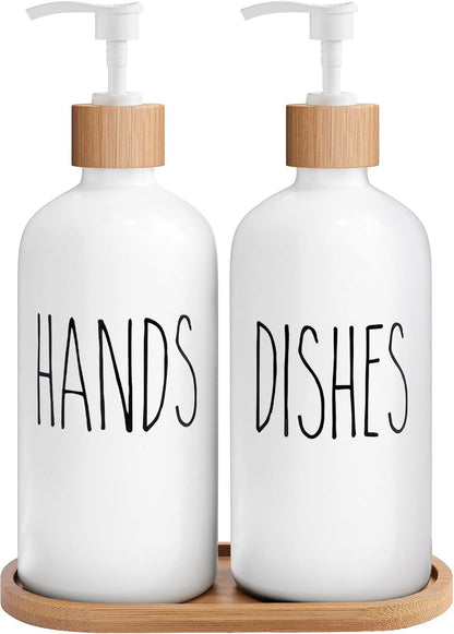 White Glass Soap Dispenser Set for Kitchen & Bathroom, Farmhouse Hand, Dish, Soap & Lotion Pump Bottles - with White Glass Hand & Dish Soap Dispenser | Sold by Uncle Wiener's Wholesale
