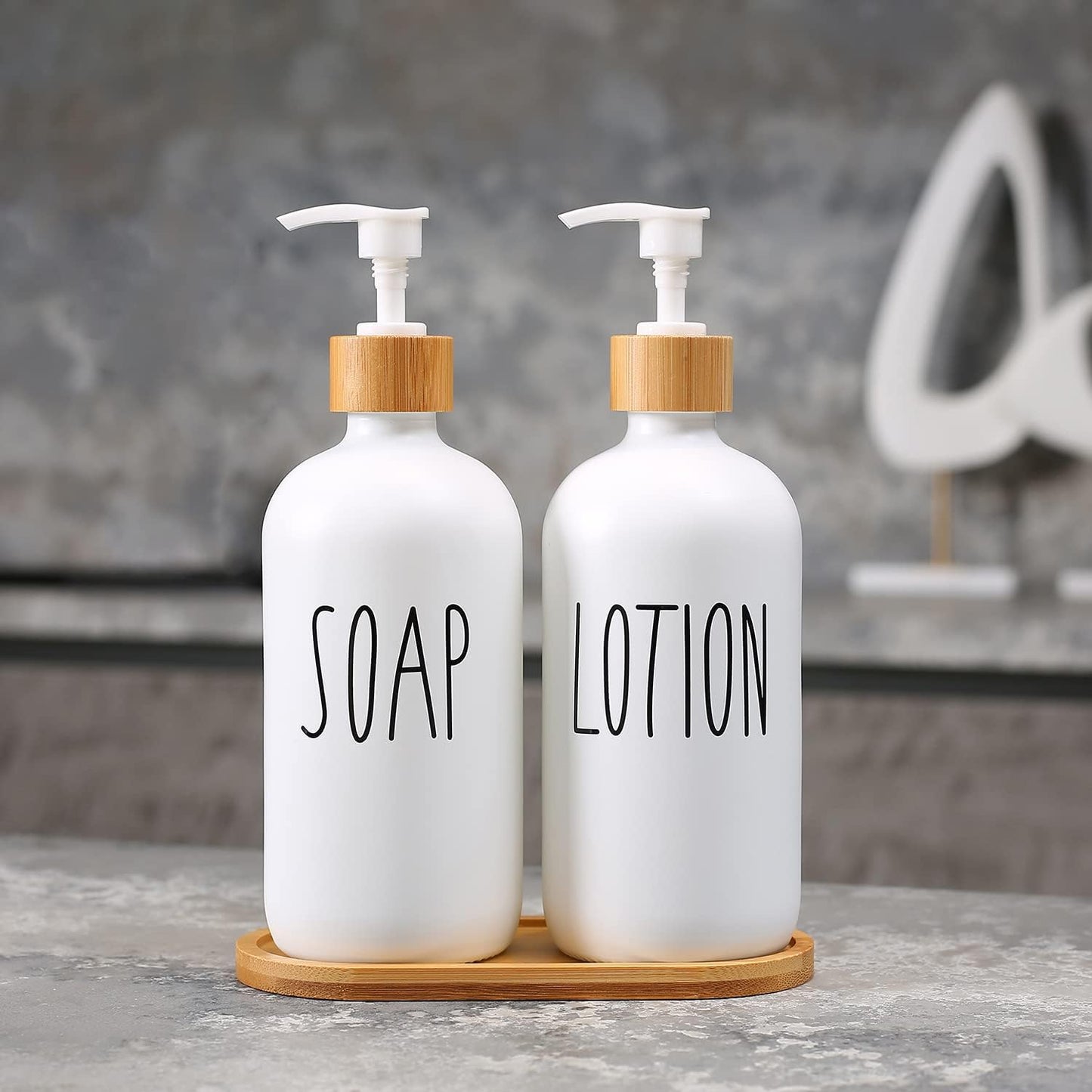 White Glass Soap Dispenser Set for Kitchen & Bathroom, Farmhouse Hand, Dish, Soap & Lotion Pump Bottles - with White Glass Soap & Lotion Dispenser Set | Sold by Uncle Wiener's Wholesale