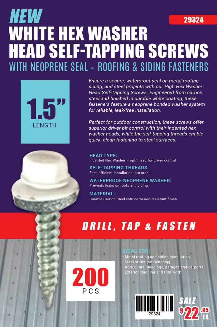 White Hex Washer Head Self - Tapping Screws with Neoprene Seal – Roofing & Siding Fasteners | 1", 1.5", 2" | Carbon Steel - with 1.5" White Hex Washer Self - Tapping Screws – 200 PCS – 29324 | Sold by Uncle Wiener's Wholesale