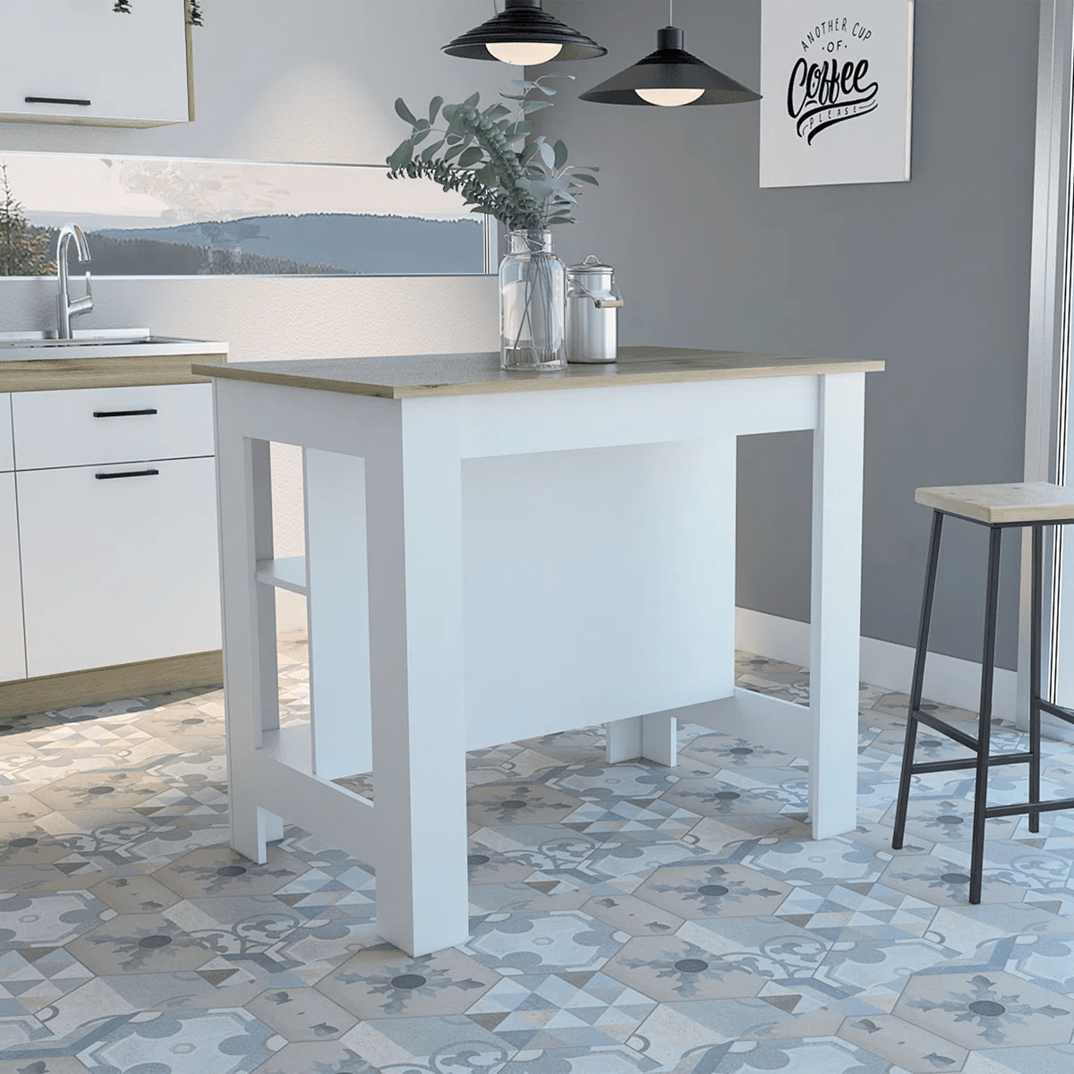 White Kitchen 3 - Shelf Island with Open Storage & Seating Countertop KI002W - with | Sold by Uncle Wiener's Wholesale