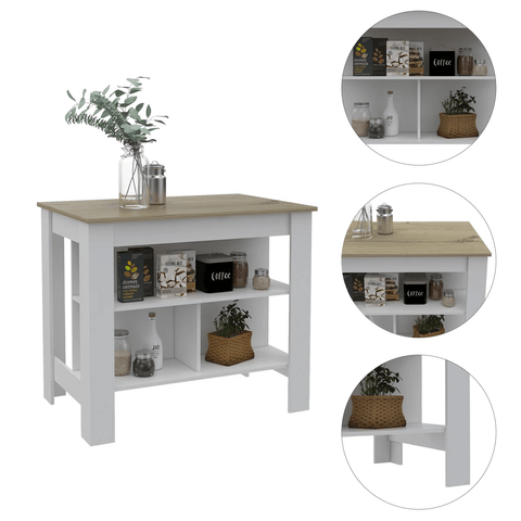 White Kitchen 3 - Shelf Island with Open Storage & Seating Countertop KI002W - with | Sold by Uncle Wiener's Wholesale