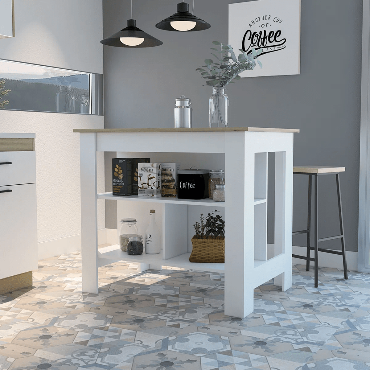 White Kitchen 3 - Shelf Island with Open Storage & Seating Countertop KI002W - with | Sold by Uncle Wiener's Wholesale