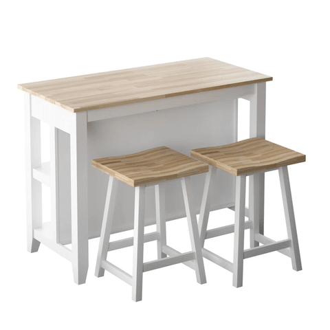 White Kitchen Island with Open Shelves &amp; 2 Stools – Modern Farmhouse Style KI001W - with | Sold by Uncle Wiener's Wholesale