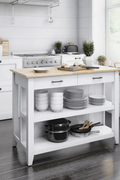 White Kitchen Island with Open Shelves &amp; 2 Stools – Modern Farmhouse Style KI001W - with | Sold by Uncle Wiener's Wholesale