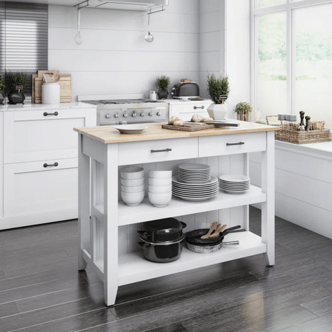 White Kitchen Island with Open Shelves &amp; 2 Stools – Modern Farmhouse Style KI001W - with | Sold by Uncle Wiener's Wholesale