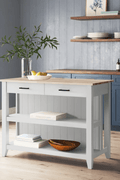 White Kitchen Island with Open Shelves &amp; 2 Stools – Modern Farmhouse Style KI001W - with | Sold by Uncle Wiener's Wholesale