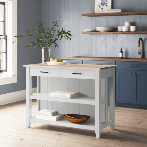 White Kitchen Island with Open Shelves &amp; 2 Stools – Modern Farmhouse Style KI001W - with | Sold by Uncle Wiener's Wholesale