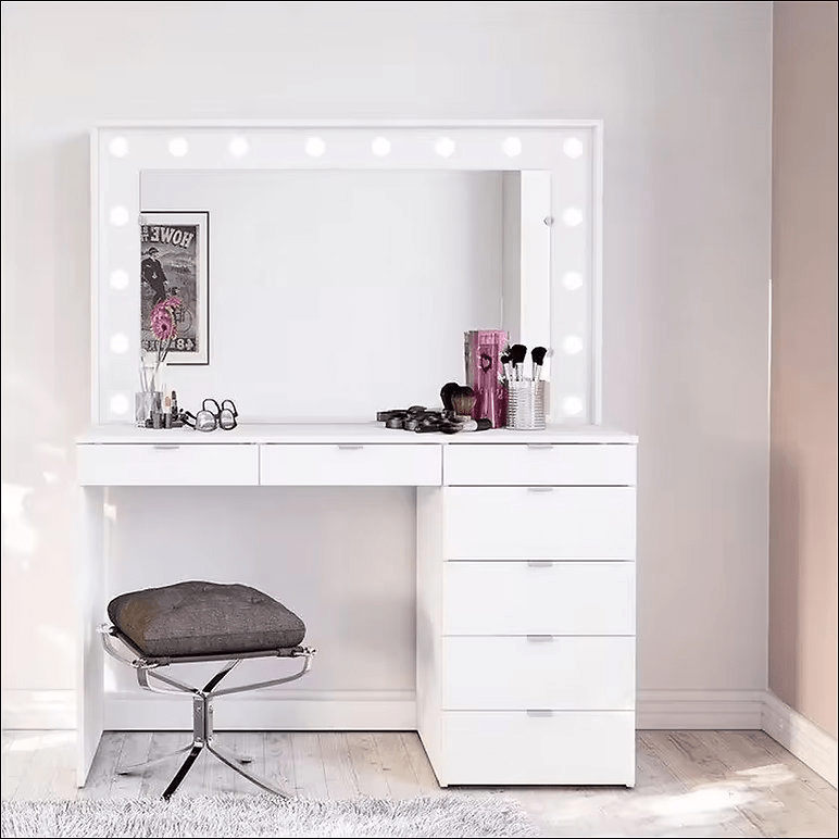 White Makeup Vanity Table with Mirror, Drawers & Stool – Modern Dressing Table Desk for Bedroom – DT054W - with | Sold by Uncle Wiener's Wholesale