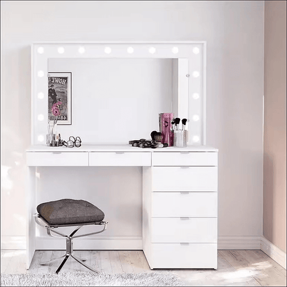 White Makeup Vanity Table with Mirror, Drawers & Stool – Modern Dressing Table Desk for Bedroom – DT054W - with | Sold by Uncle Wiener's Wholesale