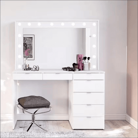 White Makeup Vanity Table with Mirror, Drawers & Stool – Modern Dressing Table Desk for Bedroom – DT054W - with | Sold by Uncle Wiener's Wholesale