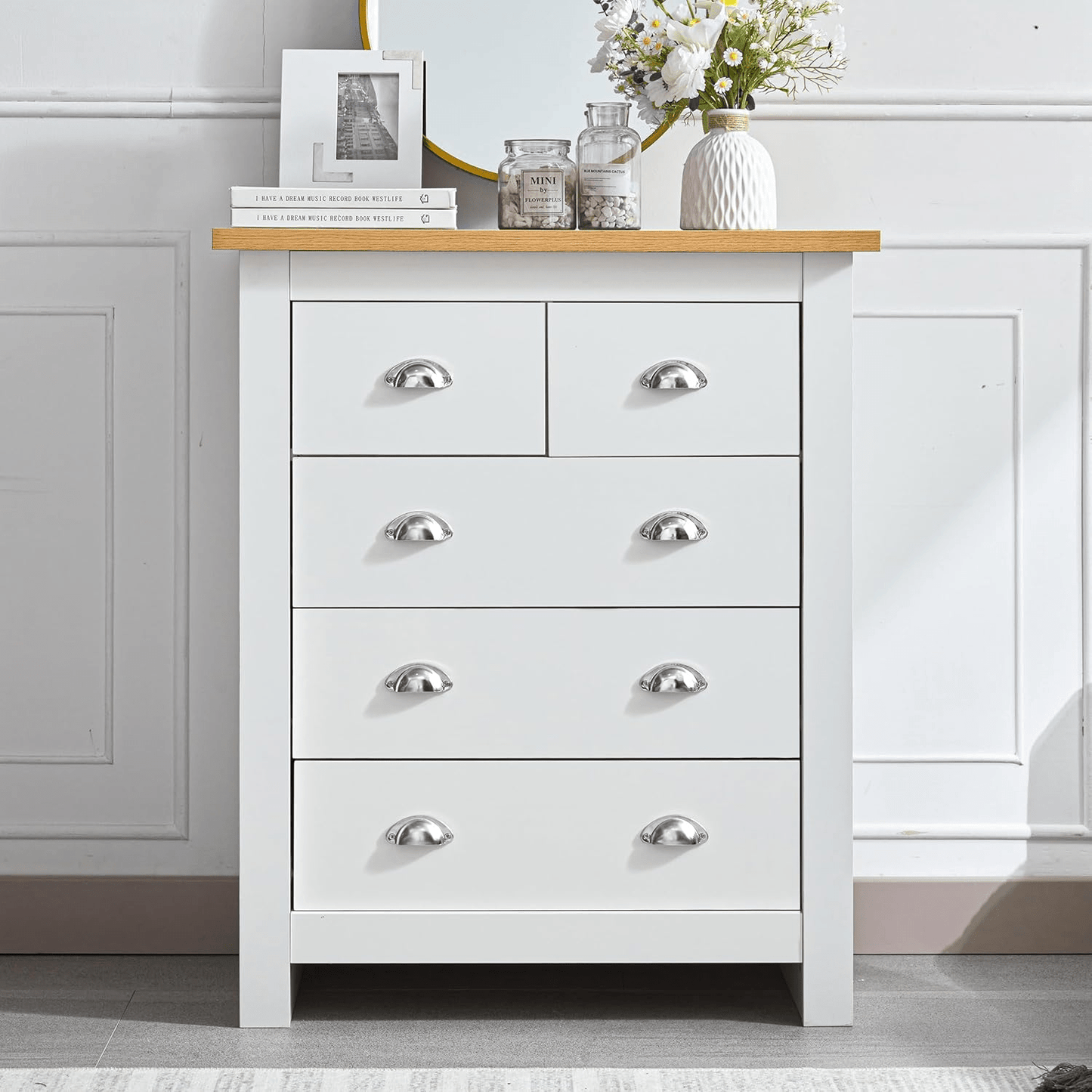 White Oak Top Bedroom Furniture – Dressers, Nightstands & Storage - with 5 Drawers | Sold by Uncle Wiener's Wholesale
