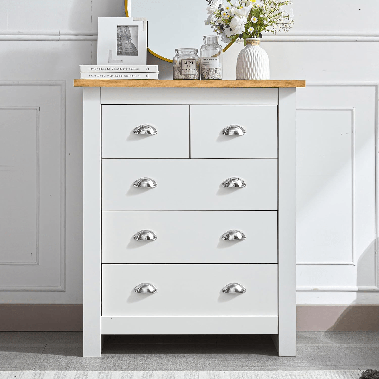 White Oak Top Bedroom Furniture – Dressers, Nightstands & Storage - with 5 Drawers | Sold by Uncle Wiener's Wholesale