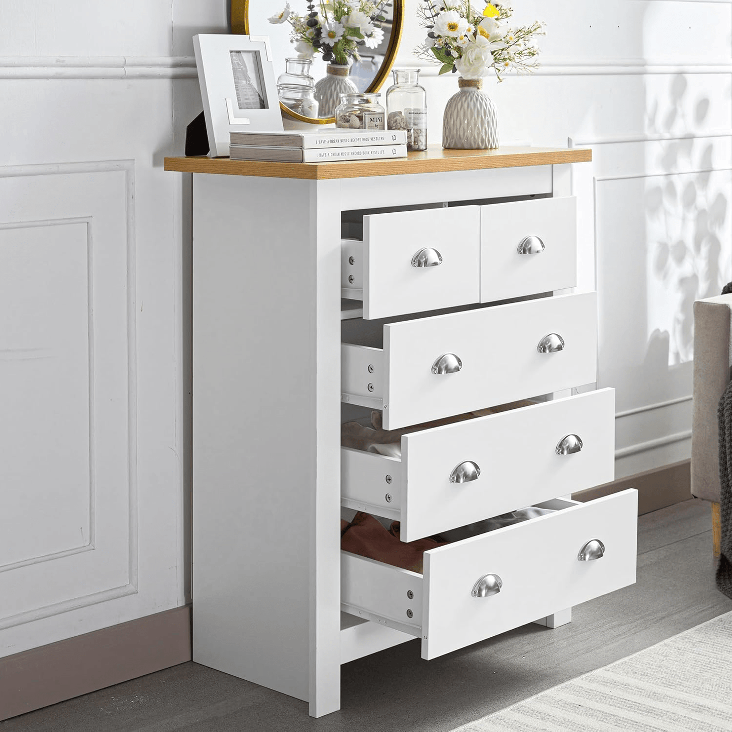 White Oak Top Bedroom Furniture – Dressers, Nightstands & Storage - with 5 Drawers | Sold by Uncle Wiener's Wholesale