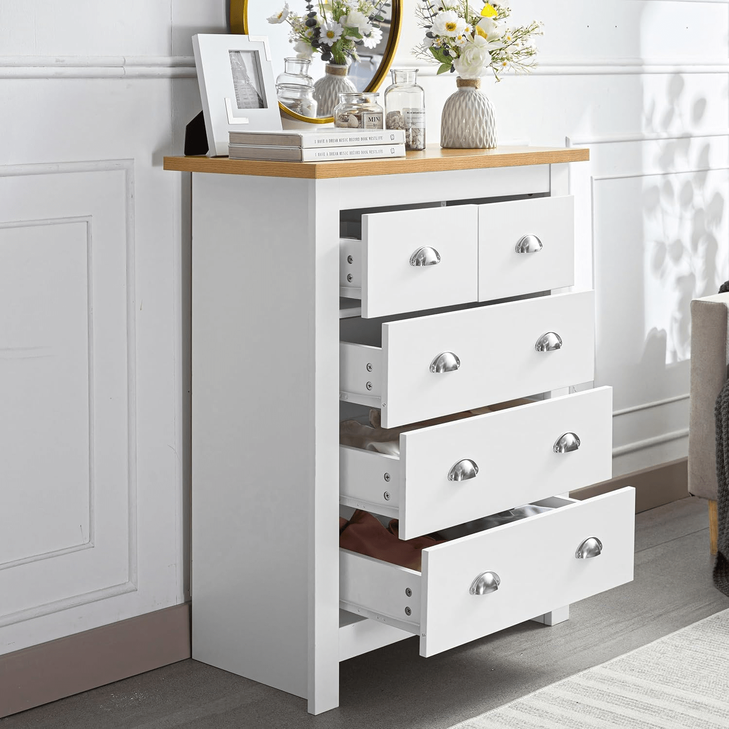 White Oak Top Bedroom Furniture – Dressers, Nightstands & Storage - with 5 Drawers | Sold by Uncle Wiener's Wholesale