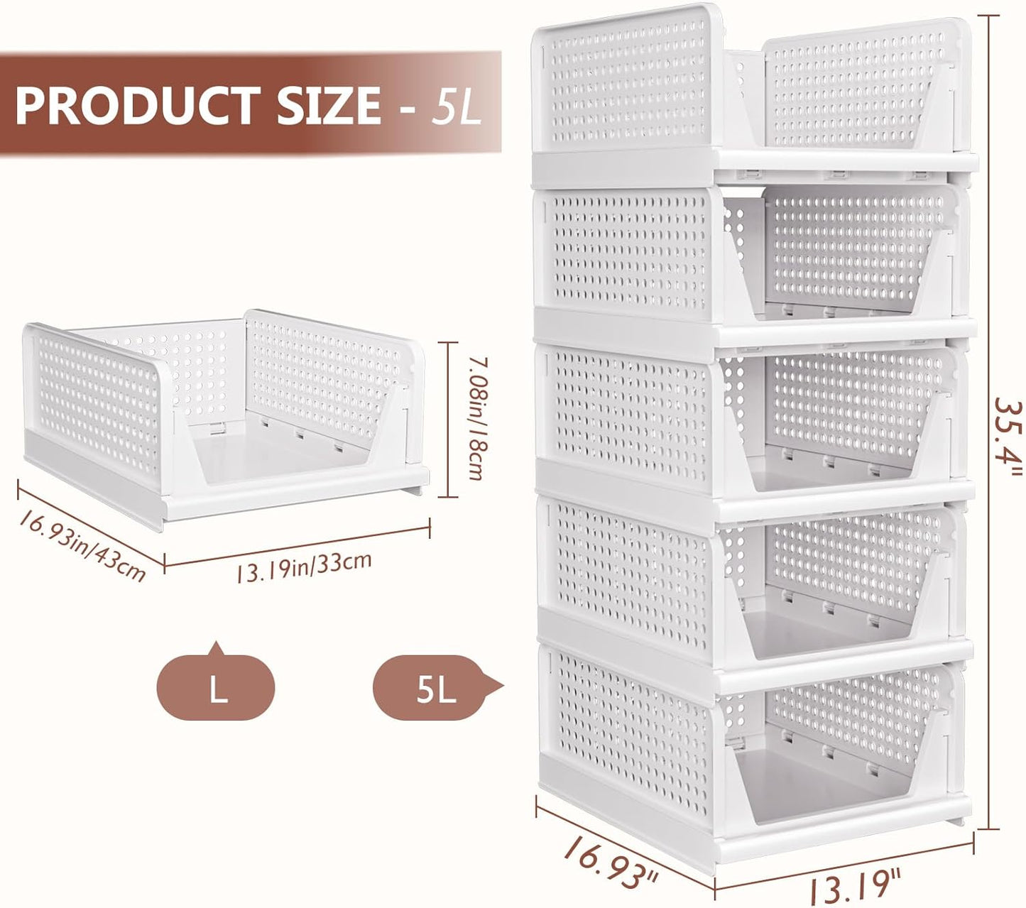Side angle view of stackable plastic storage drawers in closet