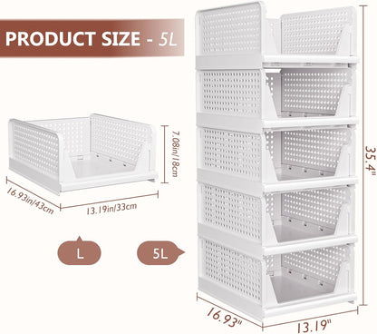 Side angle view of stackable plastic storage drawers in closet