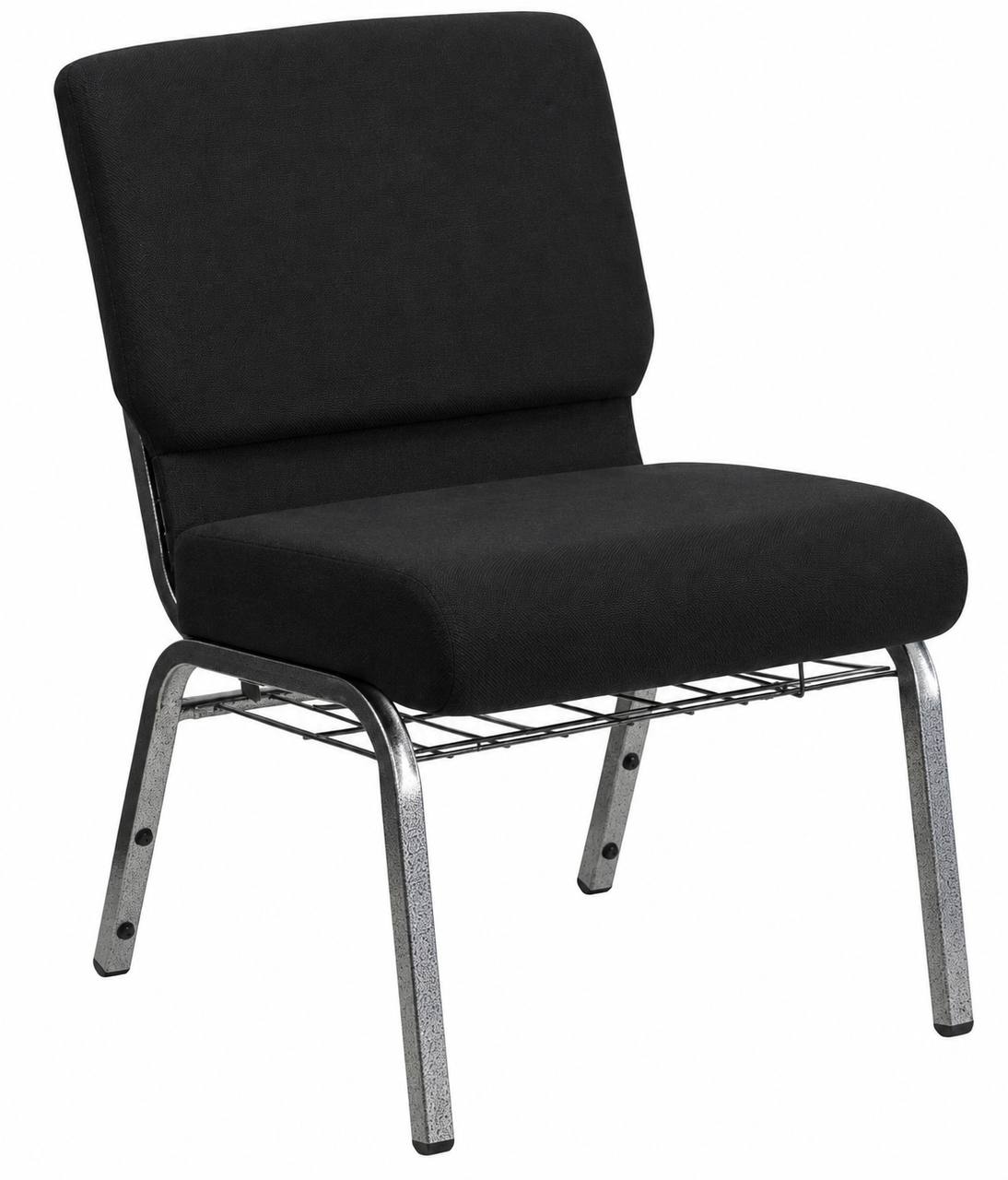 Wide Church & Banquet Chair with Book Rack – 800 lb Capacity |Black Upholstery, Grey Frame - 2504021 - Furniture with | Sold by Uncle Wiener's Wholesale