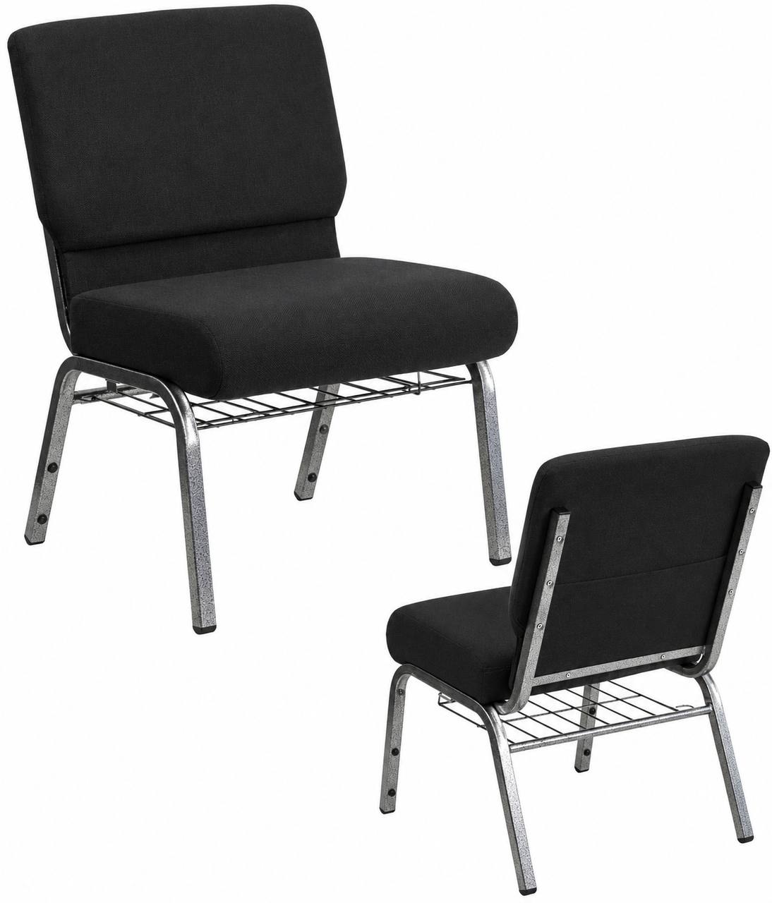 Wide Church & Banquet Chair with Book Rack – 800 lb Capacity |Black Upholstery, Grey Frame - 2504021 - Furniture with | Sold by Uncle Wiener's Wholesale