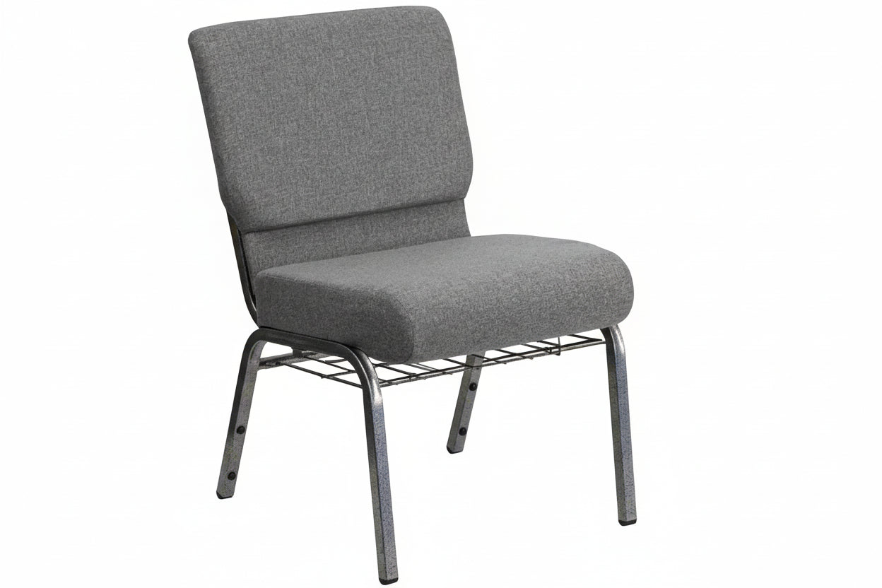 Wide gray upholstered church and banquet chair with heavy-duty steel frame