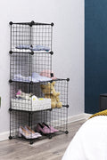 Wire grid shelving unit used in garage and bedroom for organized storage