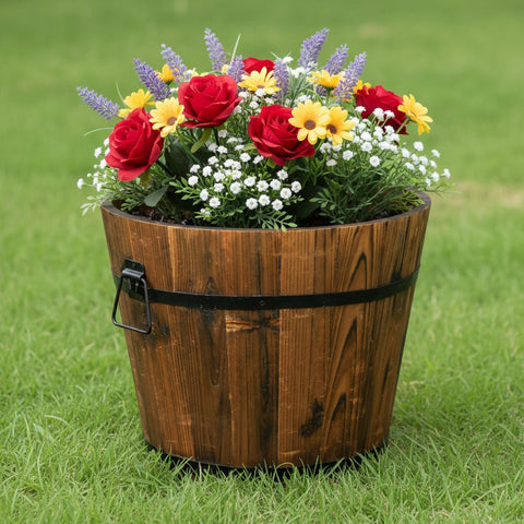 Wood Barrel Planter 16" x 13" – Rustic Wooden Flower Pot for Garden & Patio WPG16 - with | Sold by Uncle Wiener's Wholesale