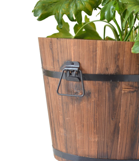 Wood Barrel Planter 16" x 13" – Rustic Wooden Flower Pot for Garden & Patio WPG16 - with | Sold by Uncle Wiener's Wholesale