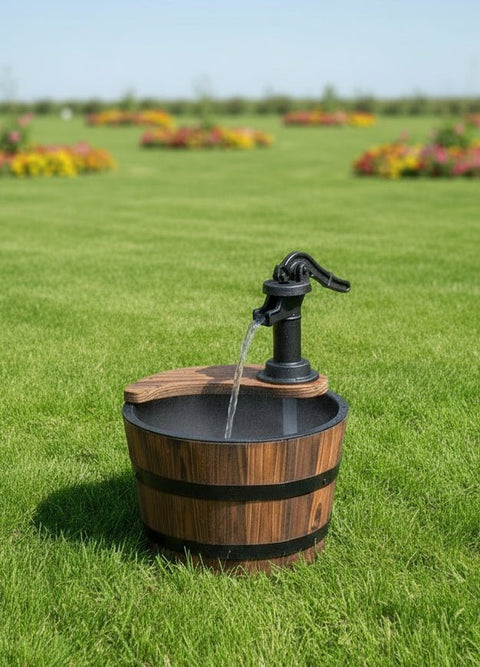 Wood Barrel Water Fountain – Rustic Hand Pump Outdoor Garden Decor WWF48 - with | Sold by Uncle Wiener's Wholesale