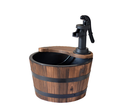 Wood Barrel Water Fountain – Rustic Hand Pump Outdoor Garden Decor WWF48 - with | Sold by Uncle Wiener's Wholesale