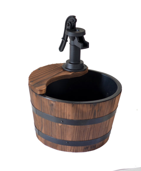 Wood Barrel Water Fountain – Rustic Hand Pump Outdoor Garden Decor WWF48 - with | Sold by Uncle Wiener's Wholesale