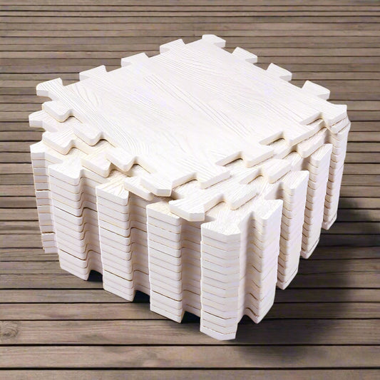 White Wood Grain Interlocking Floor Tiles – Soft foam surface for home use