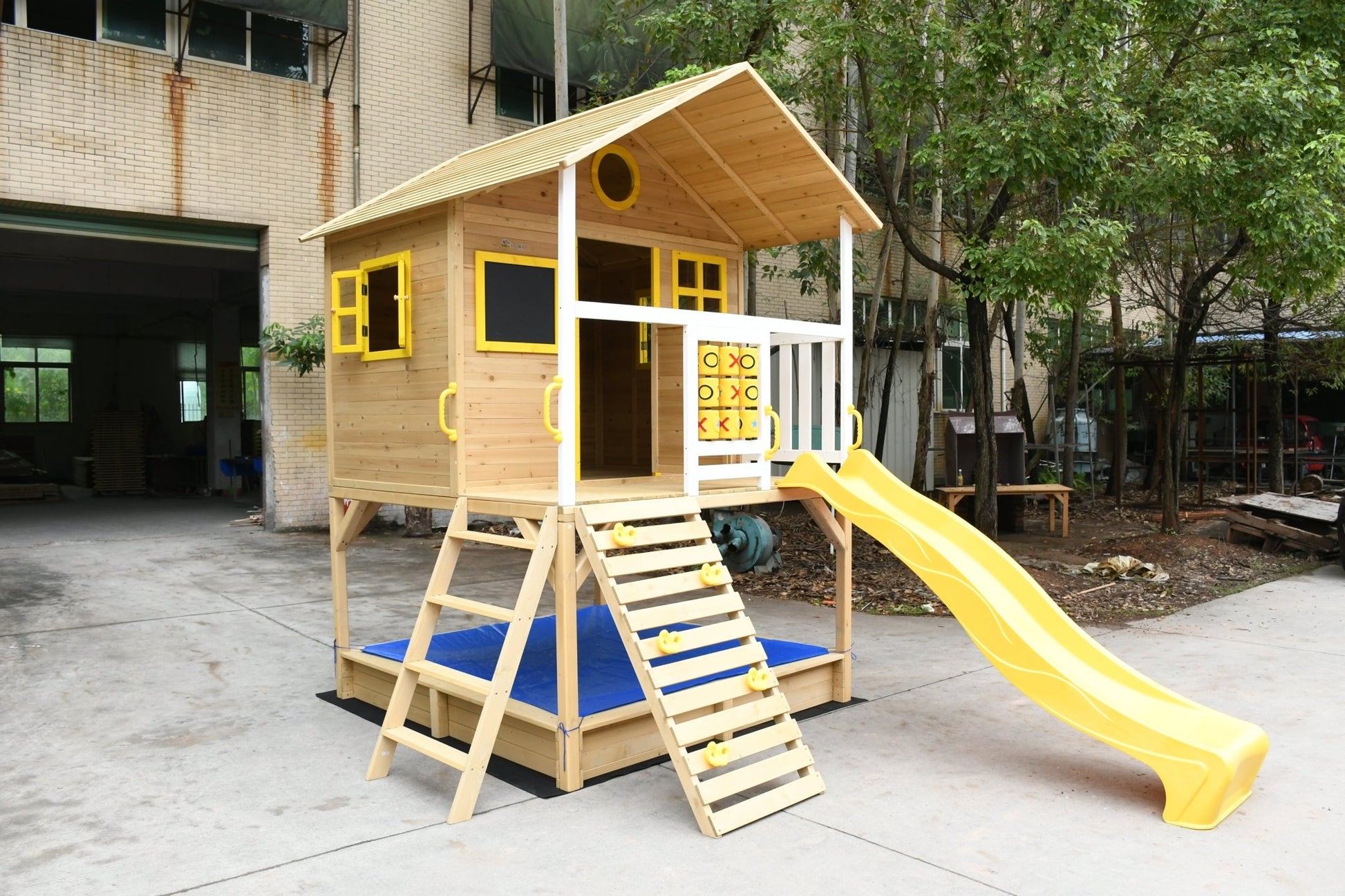 Wood Kids Playhouse with Slide, Climbing Wall & Ladder – Outdoor Fir Wood Playset C225 - with | Sold by Uncle Wiener's Wholesale