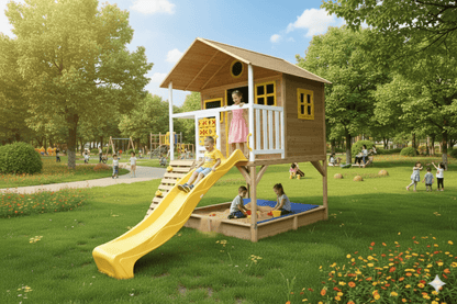 Wood Kids Playhouse with Slide, Climbing Wall & Ladder – Outdoor Fir Wood Playset C225 - with | Sold by Uncle Wiener's Wholesale
