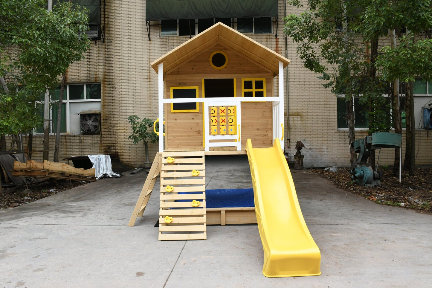 Wood Kids Playhouse with Slide, Climbing Wall & Ladder – Outdoor Fir Wood Playset C225 - with | Sold by Uncle Wiener's Wholesale