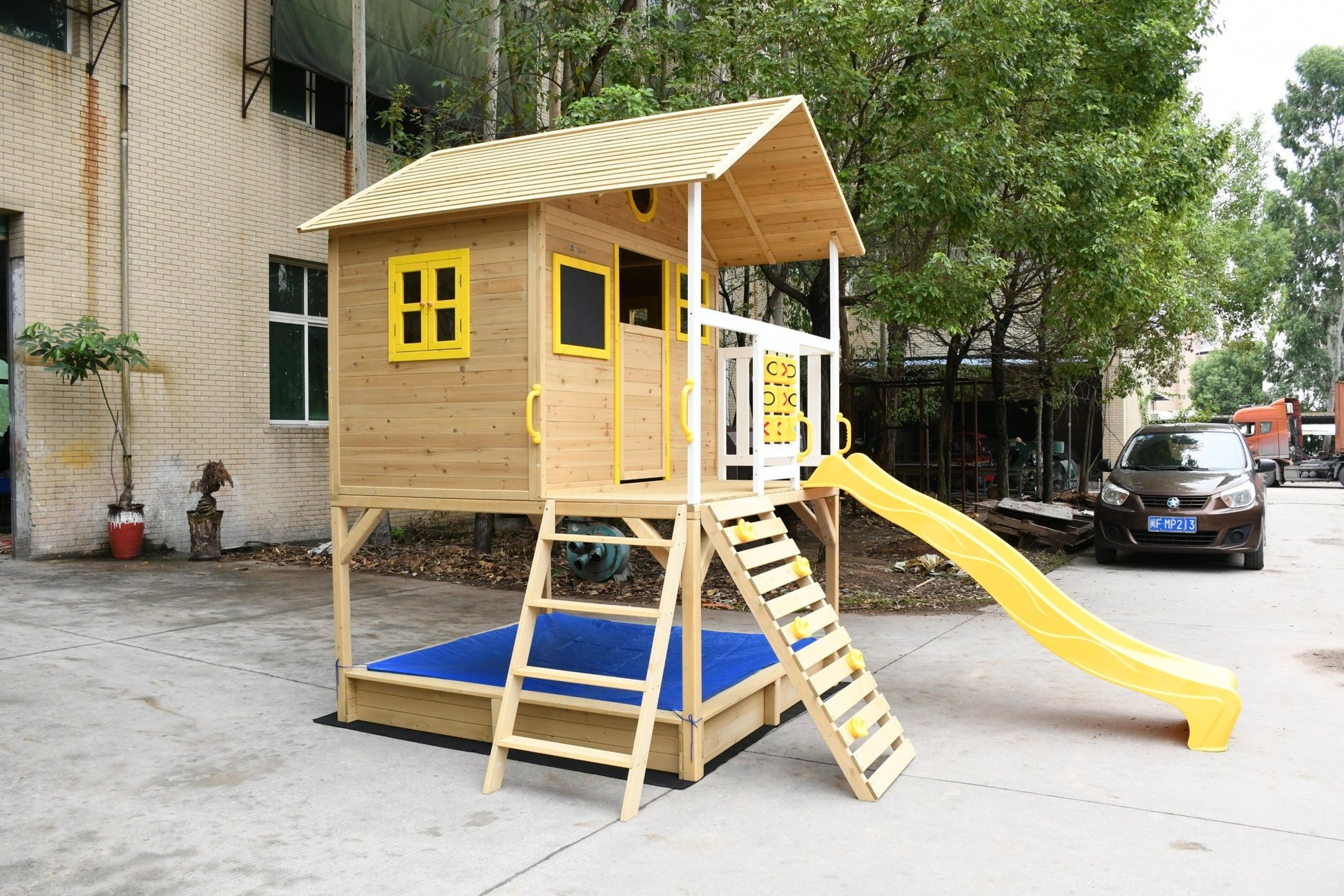 Wood Kids Playhouse with Slide, Climbing Wall & Ladder – Outdoor Fir Wood Playset C225 - with | Sold by Uncle Wiener's Wholesale