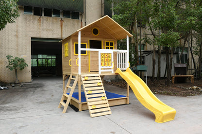 Wood Kids Playhouse with Slide, Climbing Wall & Ladder – Outdoor Fir Wood Playset C225 - with | Sold by Uncle Wiener's Wholesale