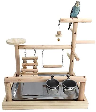 Wooden Bird Playground & Perch Stand – Natural Wood Training & Exercise Gym for Parakeets, Lovebirds & Cockatiels | BG7283 - with | Sold by Uncle Wiener's Wholesale