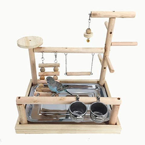 Wooden Bird Playground & Perch Stand – Natural Wood Training & Exercise Gym for Parakeets, Lovebirds & Cockatiels | BG7283 - with | Sold by Uncle Wiener's Wholesale